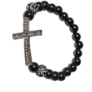 Elegant Hematite Rhinestone Beaded Bracelet Cross Charm Spiritual Religious Jewe